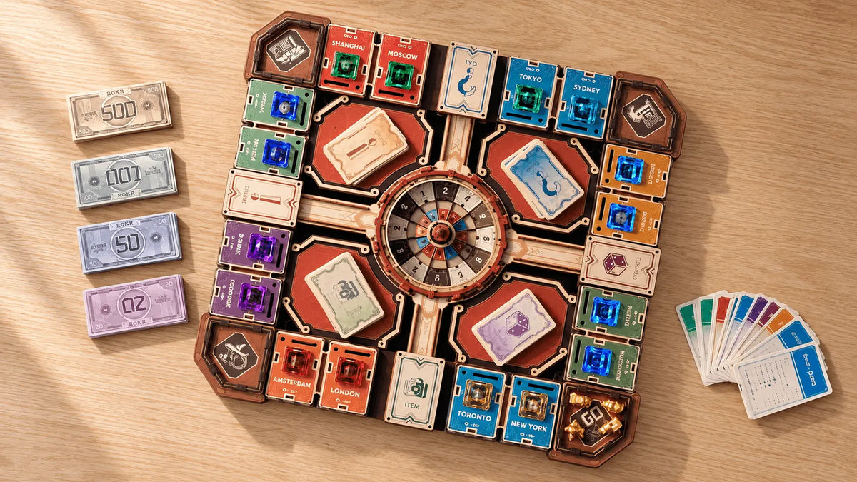ROKR Fortune Quest EGM01 wooden board game with a marble spinner, colorful landmarks, cards and play money on a light wood table.
