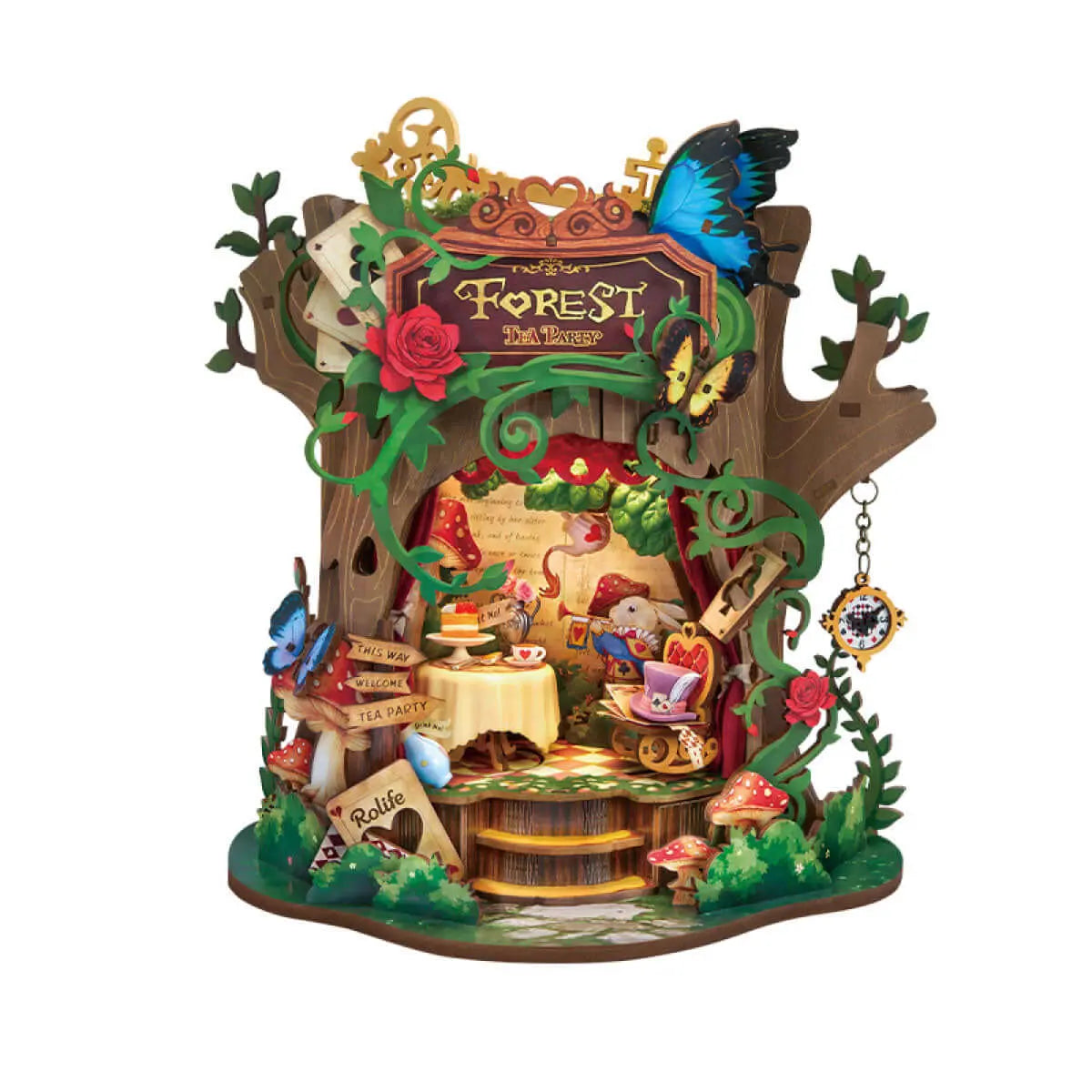 Rolife Forest Tea Party AMT03 DIY music box with a woodland tea scene, butterflies and a hanging pocket watch on a white background.