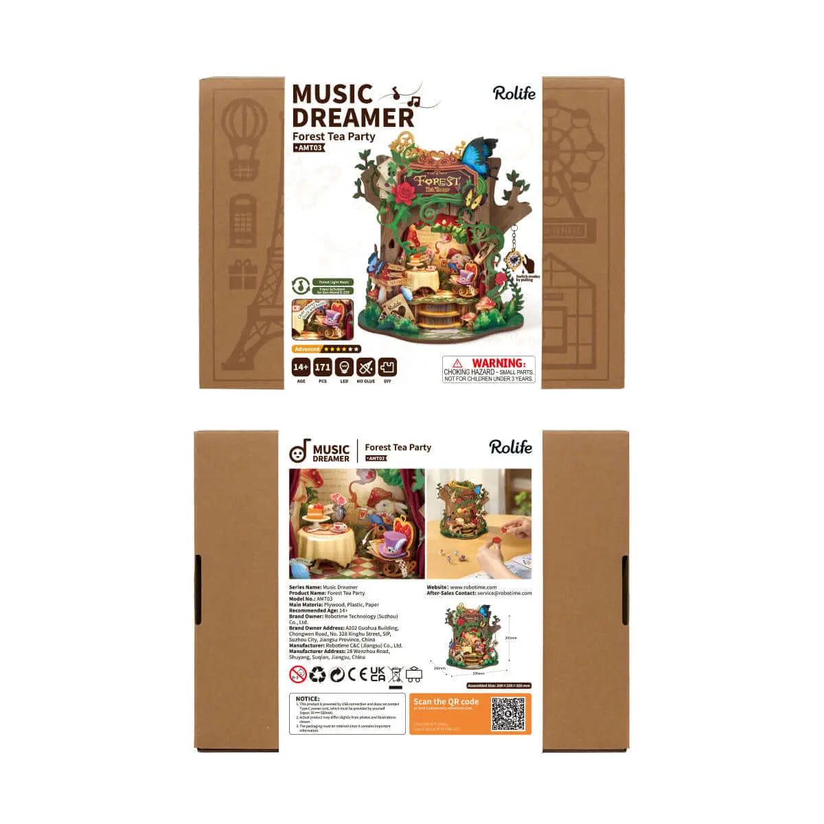 Front and back packaging for the Rolife Forest Tea Party AMT03 DIY music box kit, marked 171 pieces and ages 14+.