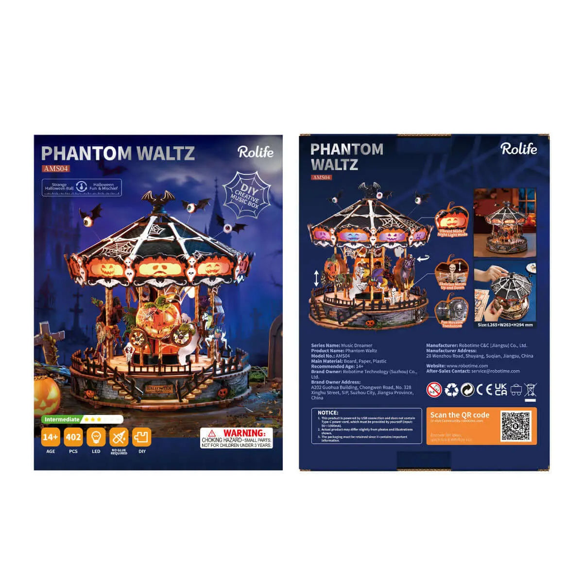 Front and back of the Rolife Phantom Waltz AMS04 kit box showing the Halloween carousel and product features.