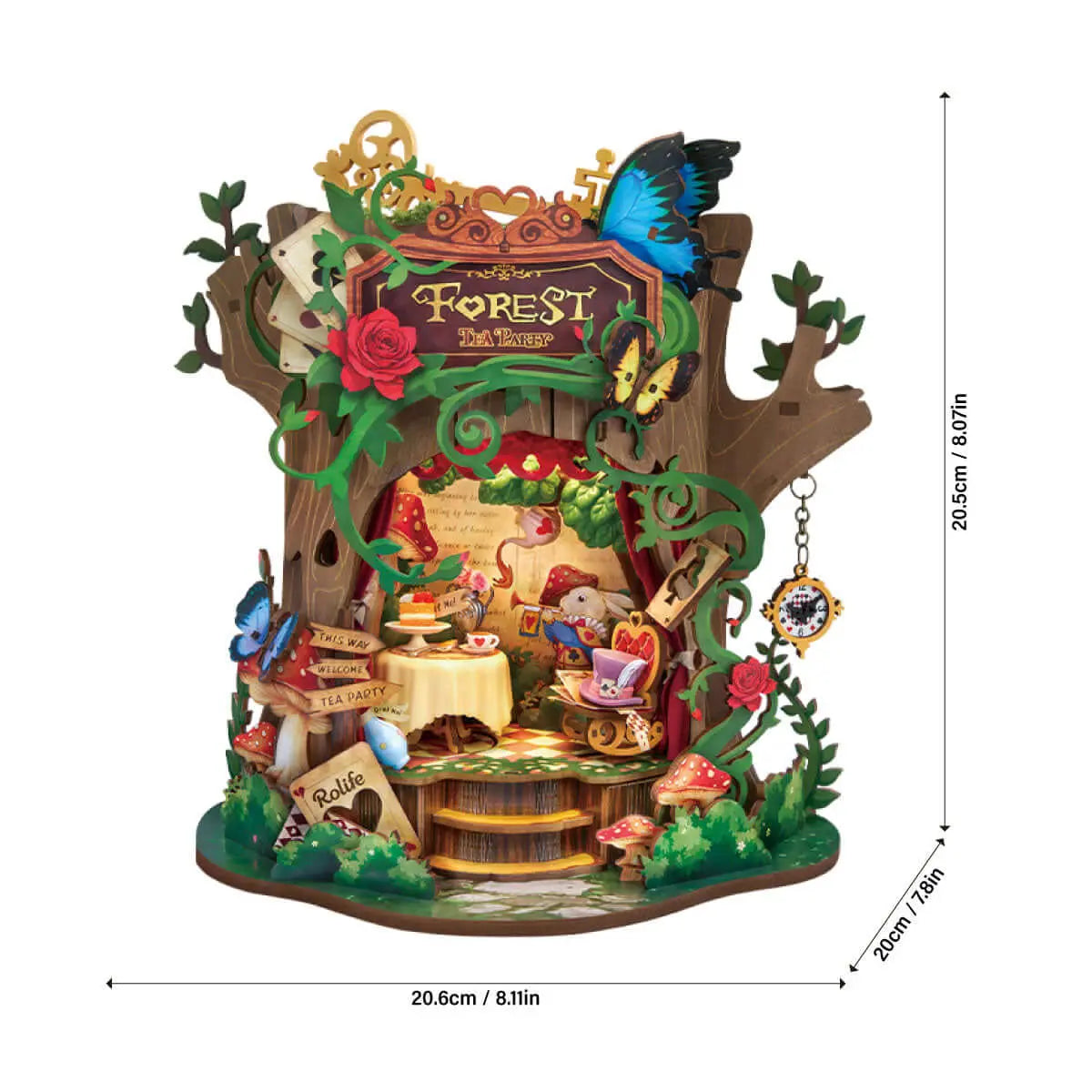Rolife Forest Tea Party AMT03 music box dimensions: 20.6 cm wide, 20 cm deep and 20.5 cm high.