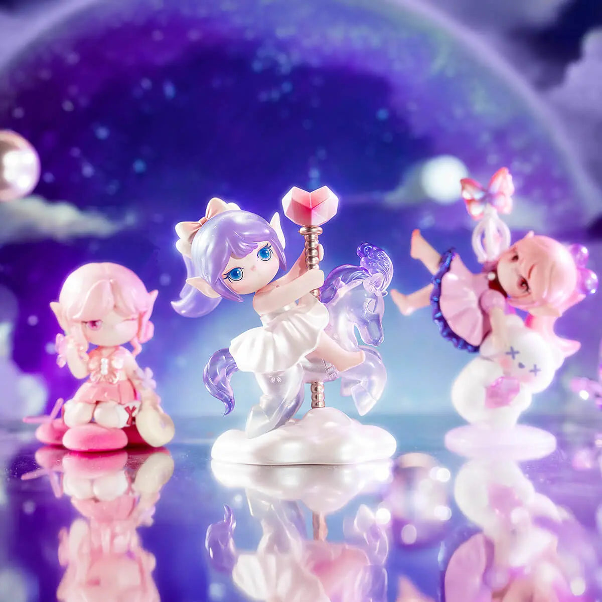 Three Rolife Suri Colorful Girls figures on a purple fantasy background