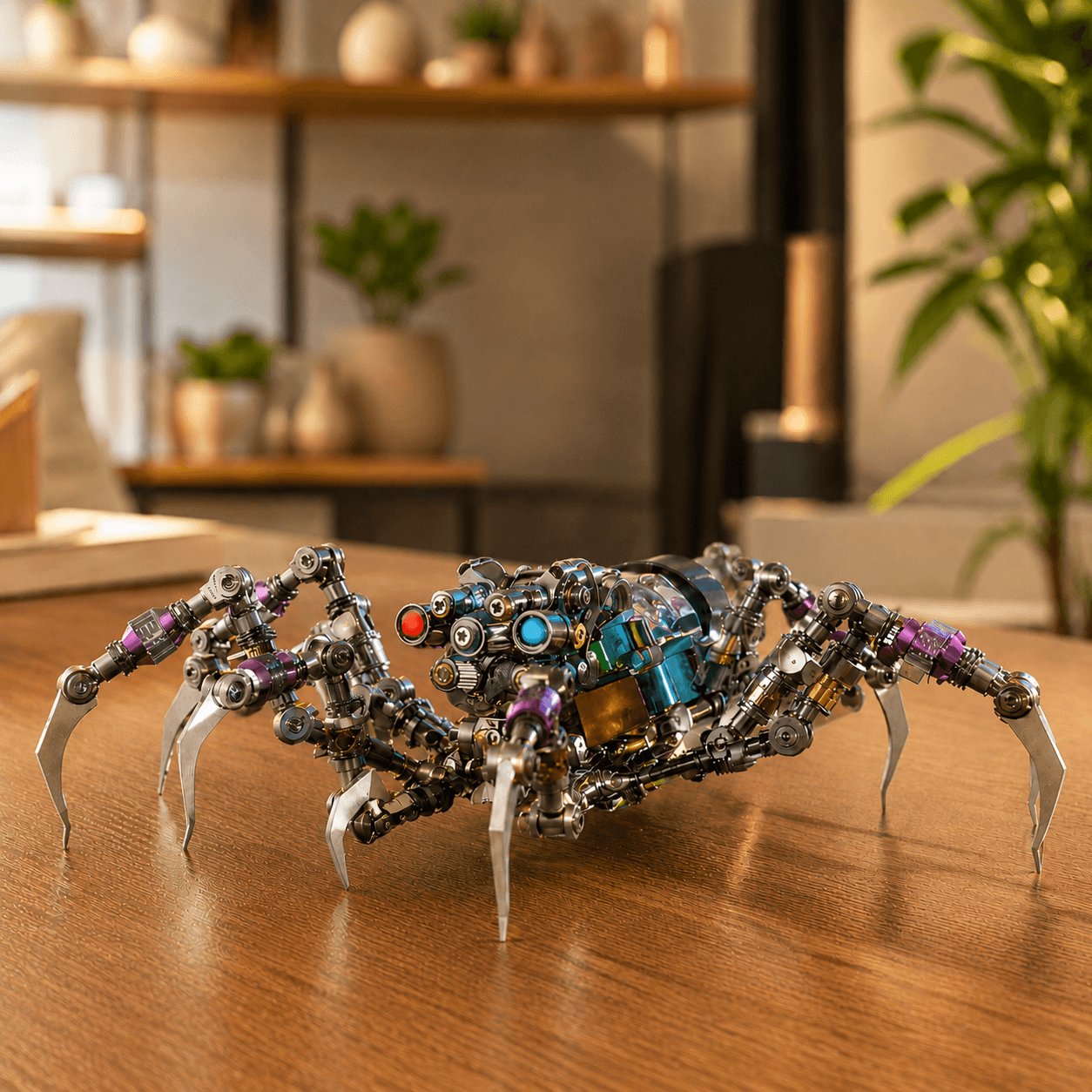 Illuminated 3D metal puzzle model with intricate mechanical details