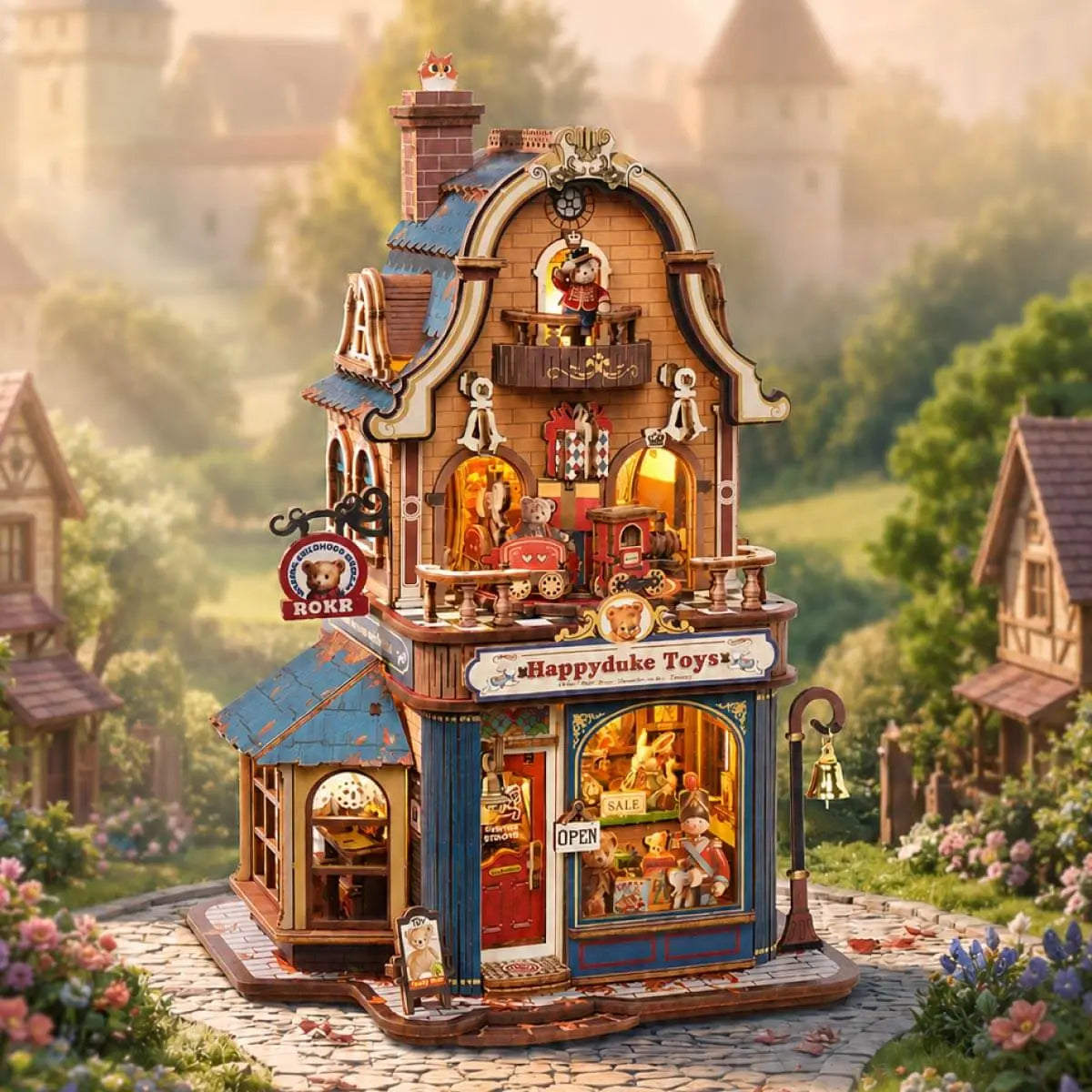 Illuminated ROKR Happyduke Toys EAM01 displayed in a European village scene at night