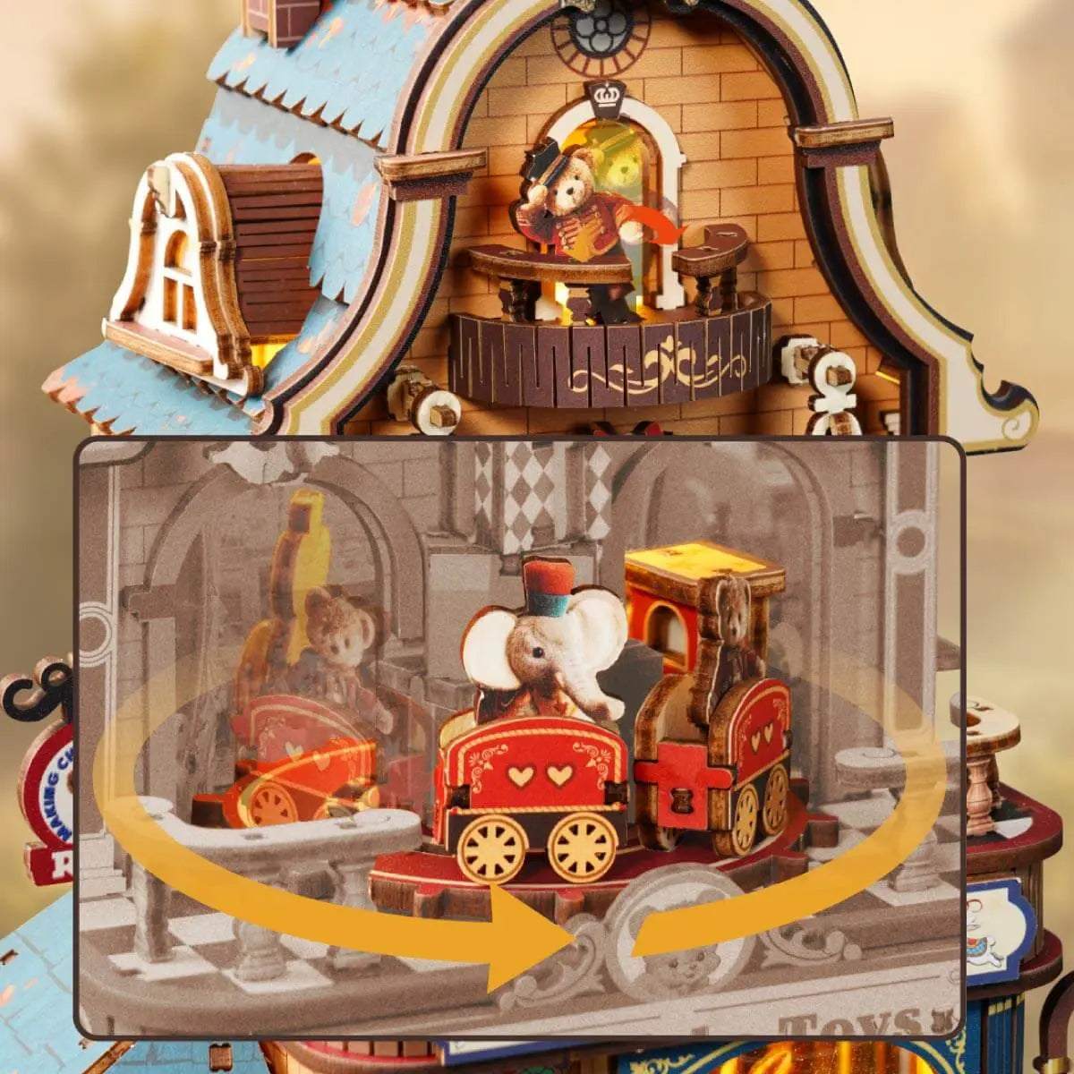 Close-up of the rotating toy train display inside the ROKR Happyduke Toys EAM01 model
