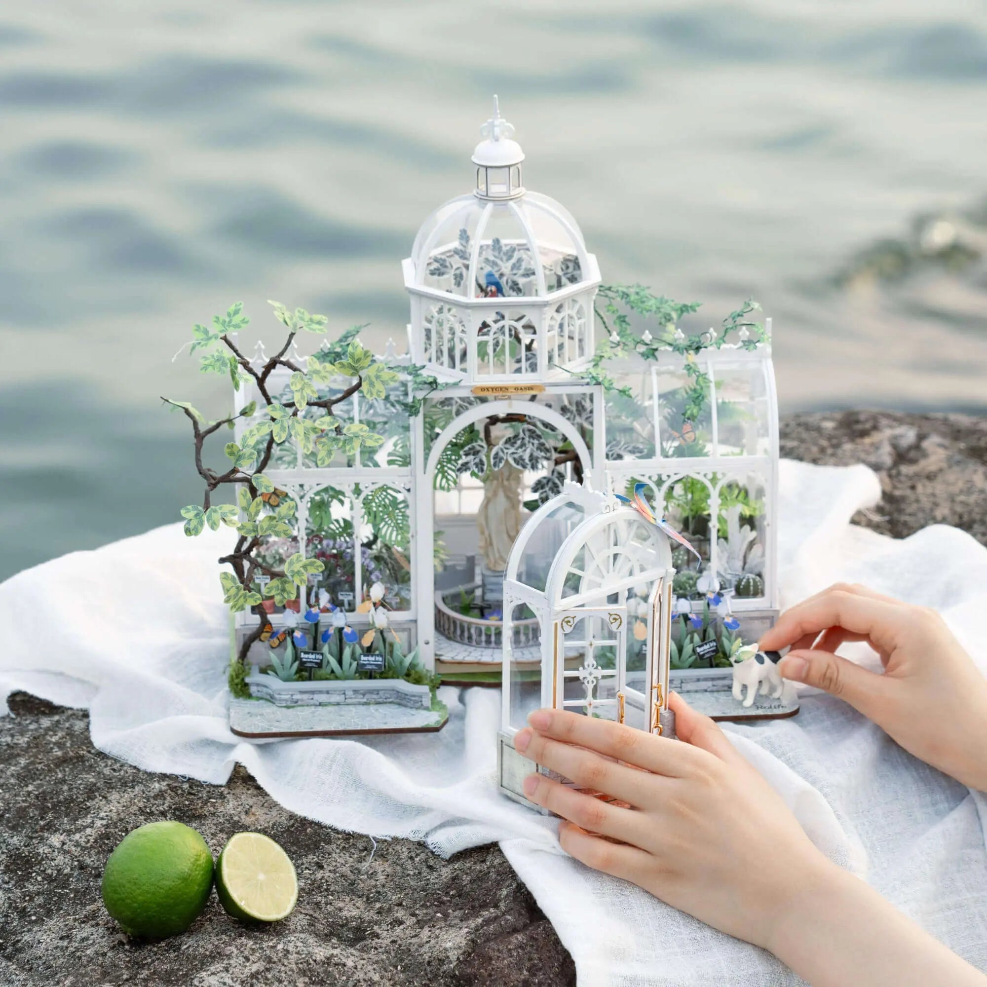Hands opening the arched front entrance of the Rolife Oxygen Oasis miniature greenhouse