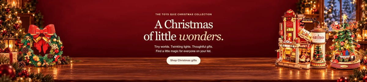 Toys Quiz Christmas Collection – A Christmas of Little Wonders featuring festive DIY wooden models, a Christmas wreath, miniature factory and Santa's sleigh.
