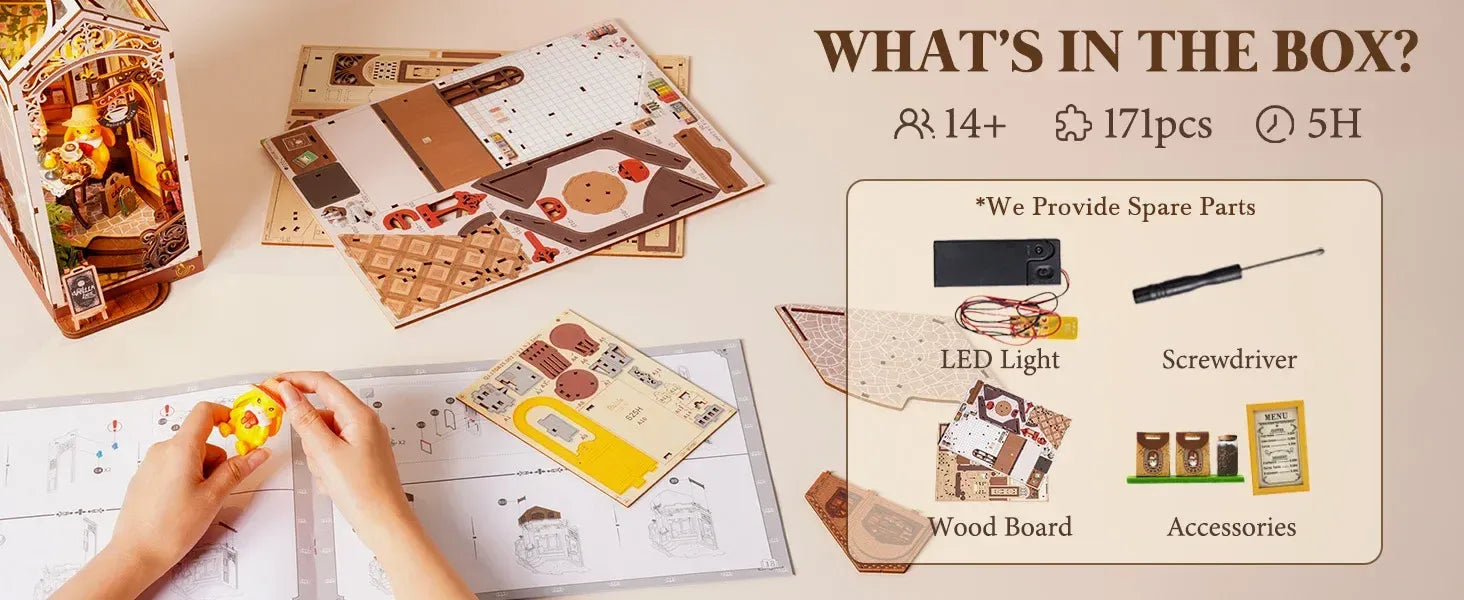 171-piece DIY miniature café kit with wooden sheets, LED light, screwdriver and accessories