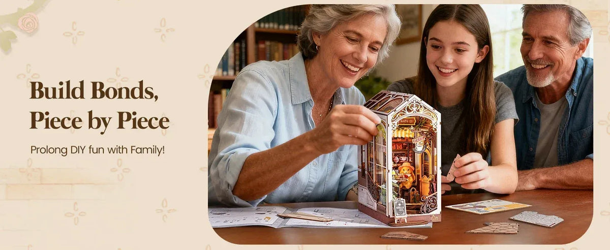 Family building an illuminated DIY miniature café house together at home
