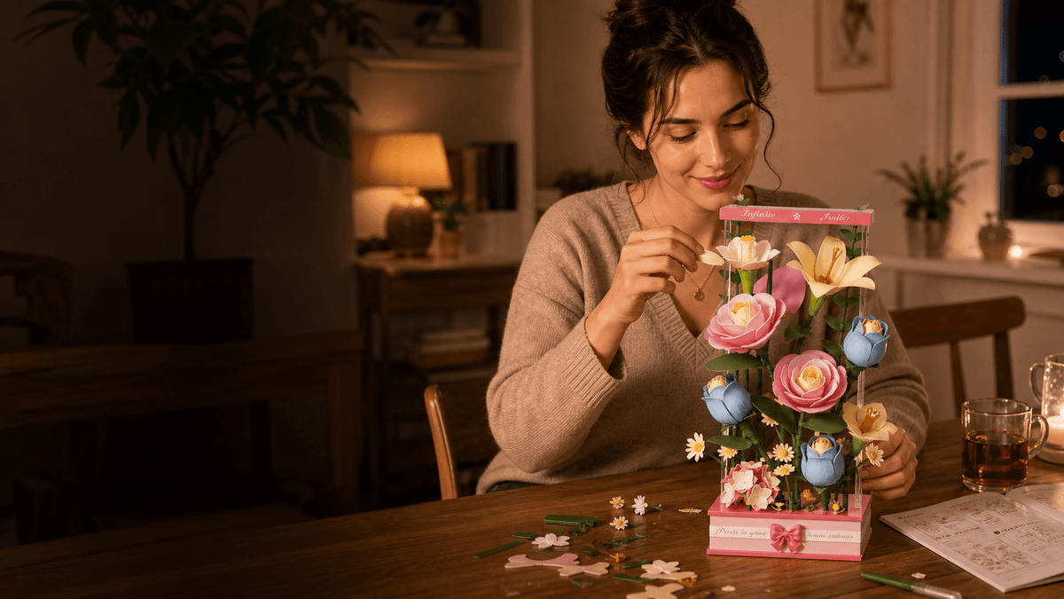 Woman assembling the colorful Blooming Bouquet Box DIY flower puzzle at a cozy table.