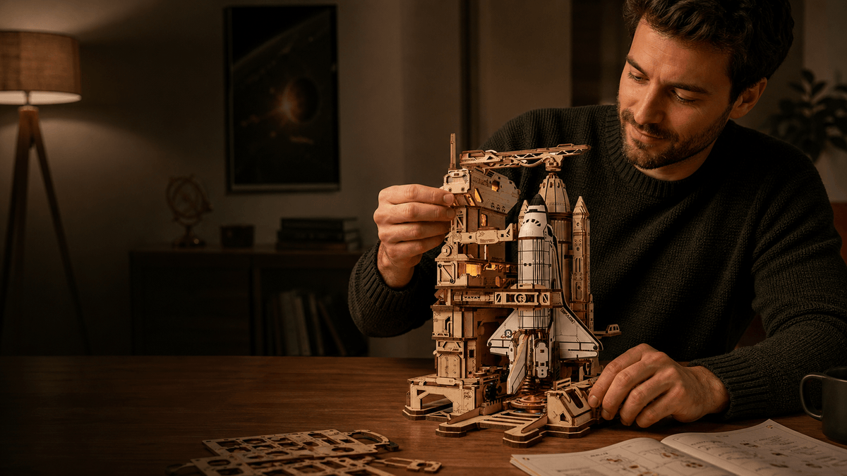 Man assembling the ROKR Space Shuttle 3D wooden puzzle at a cozy table.