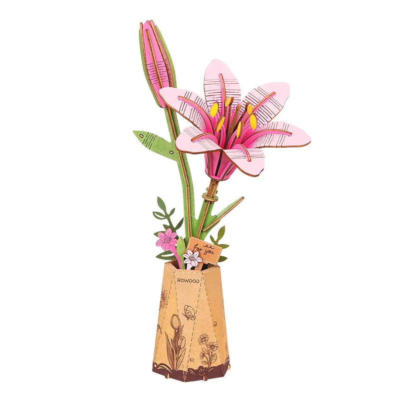 Rowood Pink Lily DIY Flower 3D Wooden Puzzle Toys Quiz