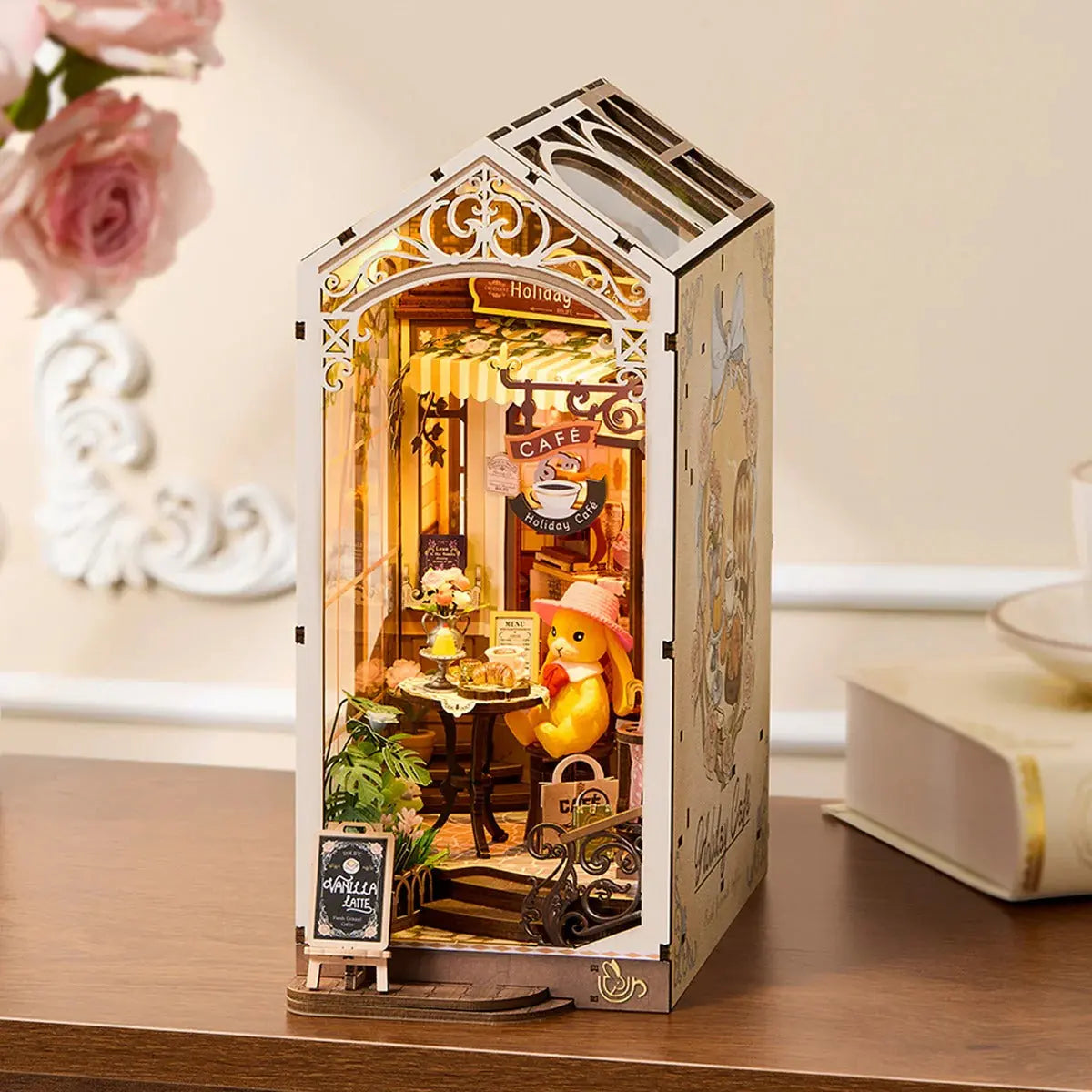 Rolife Holiday Cafe DIY Book Nook Shelf Insert Toys Quiz