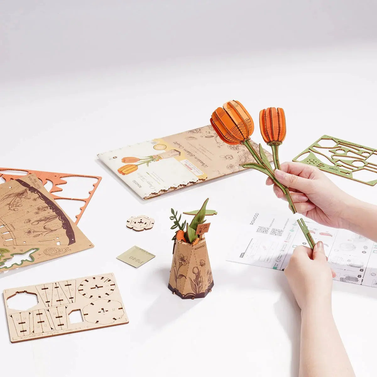 Rowood Orange Tulip DIY Wooden Flower 3D Puzzle Toys Quiz