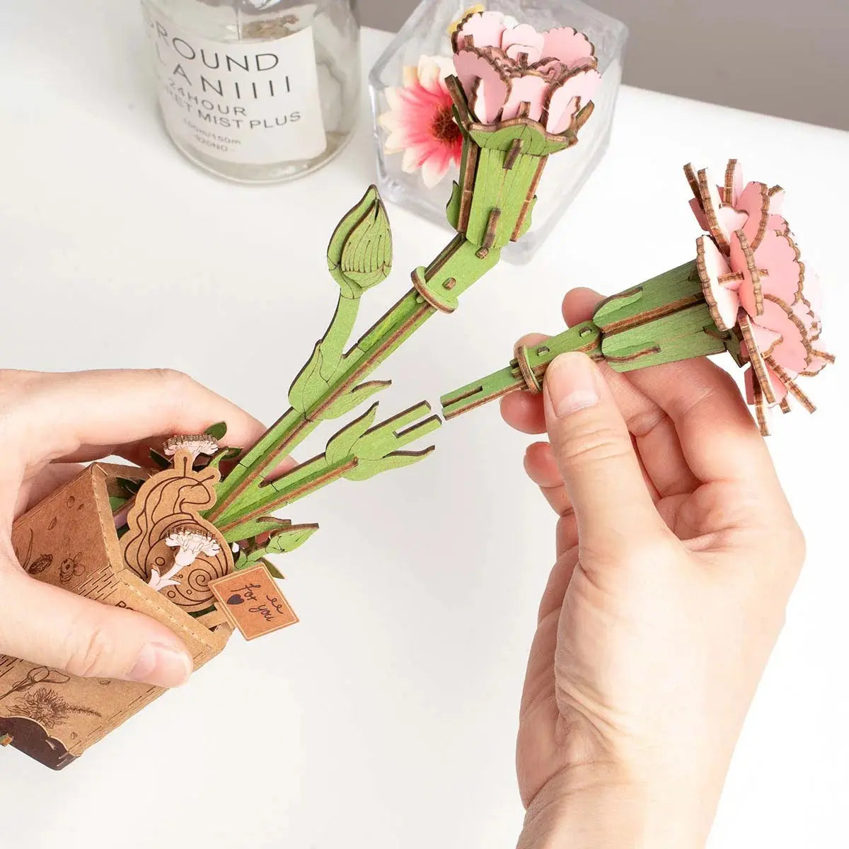 Rowood Pink Carnation DIY Wooden Flower 3D Puzzle Toys Quiz