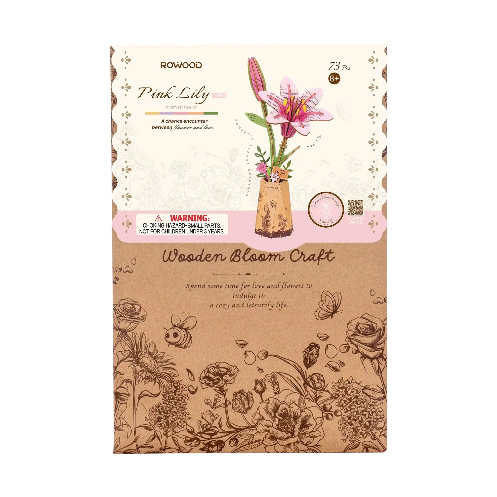 Rowood Pink Lily DIY Flower 3D Wooden Puzzle Toys Quiz