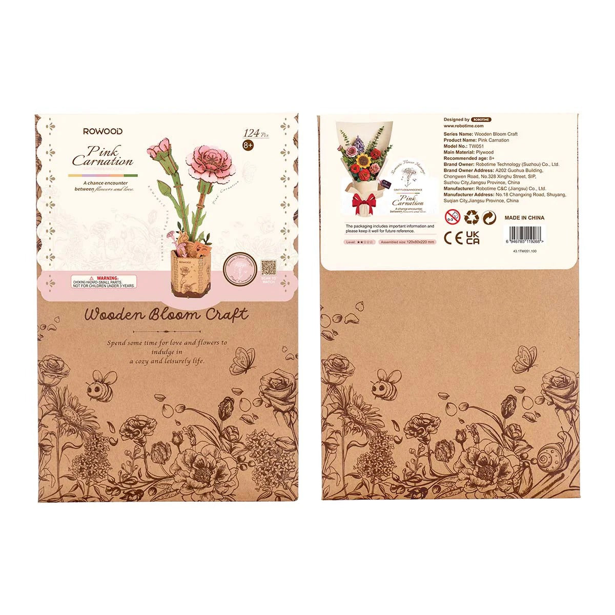 Rowood Pink Carnation DIY Wooden Flower 3D Puzzle