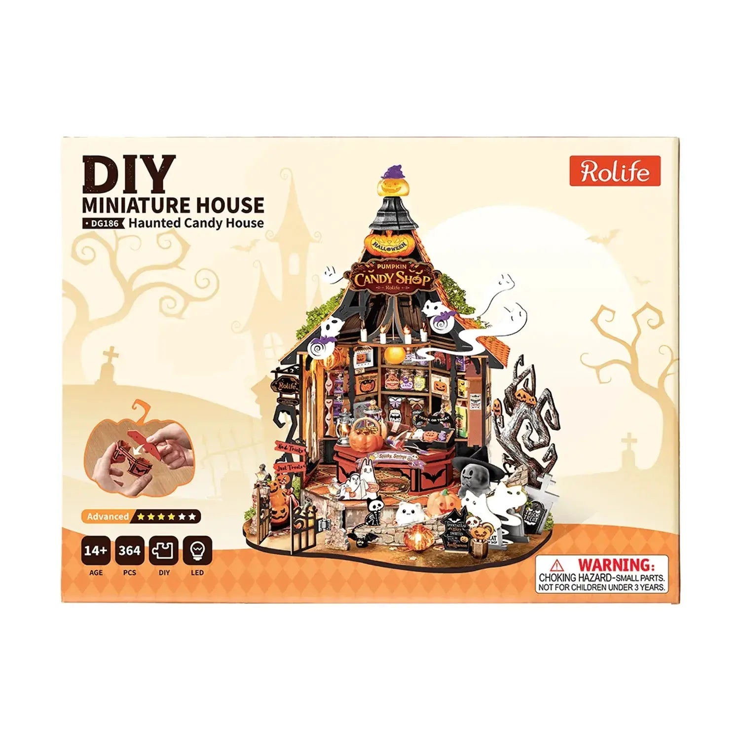Rolife Haunted Candy House DG186 product box and finished model