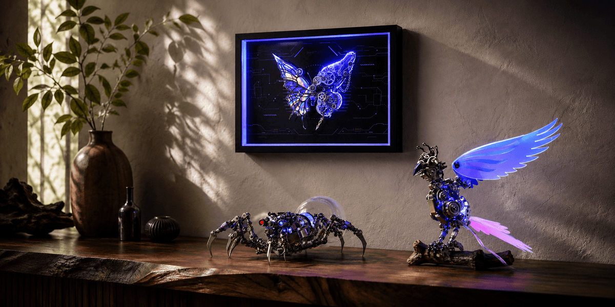 Illuminated metal puzzle models including a mechanical spider, bird and framed butterfly displayed in a modern interior