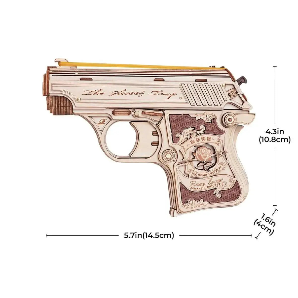 Completed Wooden Toy Gun displayed on a shelf, showcasing details - Toys Quiz