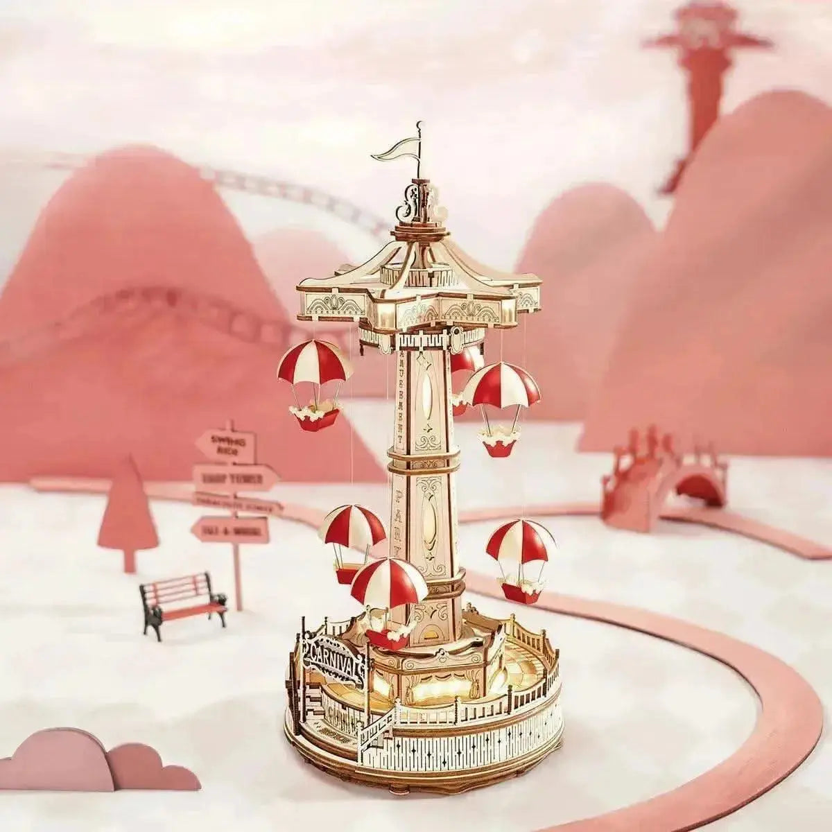 Parachute Tower DIY Music Box 3D Wooden Puzzle - Toys Quiz