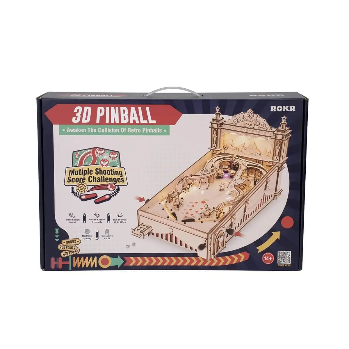 ROKR EG01 3D pinball machine kit retail box showing the wooden arcade game and key features