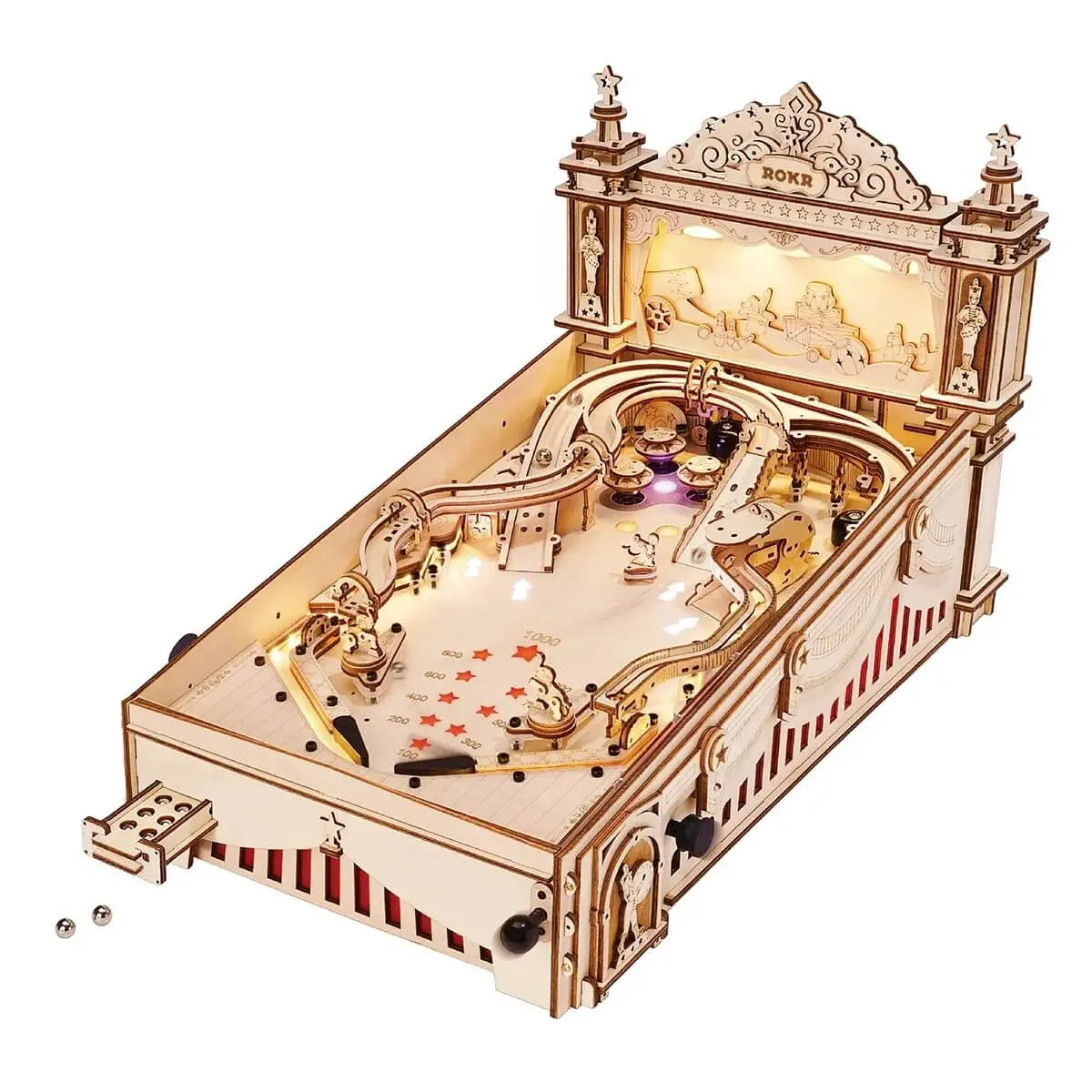 Fully assembled ROKR EG01 wooden pinball machine with ramps, flippers, scoring zones and illuminated playfield