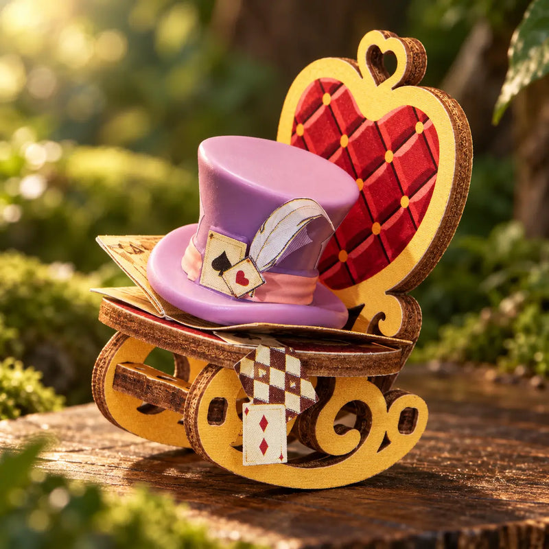 Purple top hat and playing-card details on the Forest Tea Party AMT03 heart-shaped rocking chair