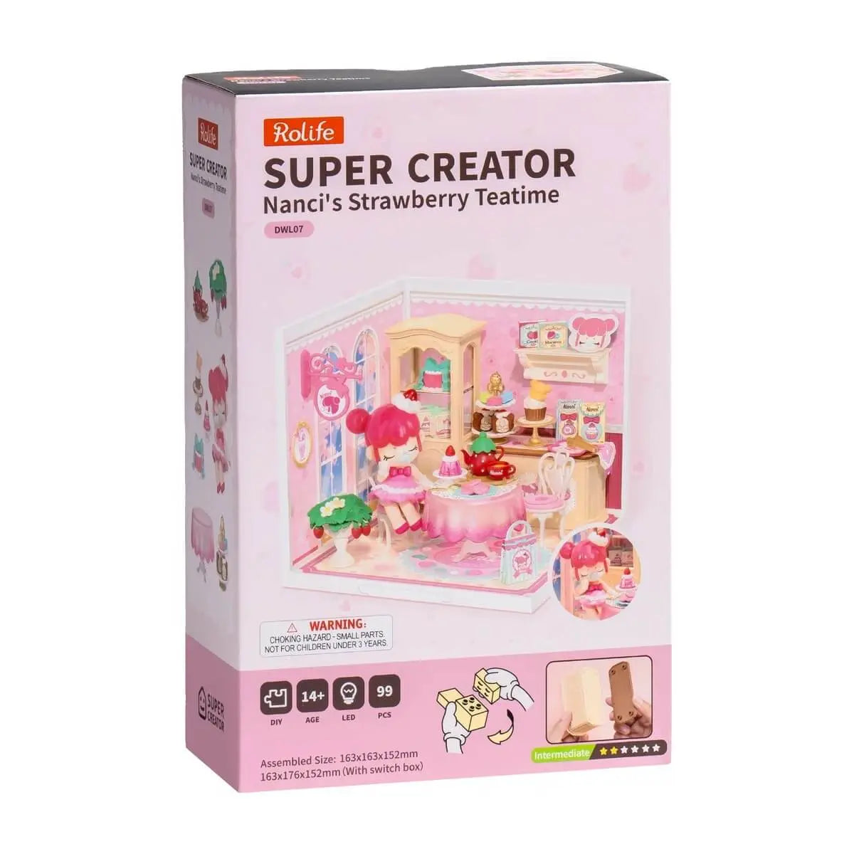 Rolife Nanci Strawberry Teatime Super Creator DWL07 product packaging with 99-piece kit details