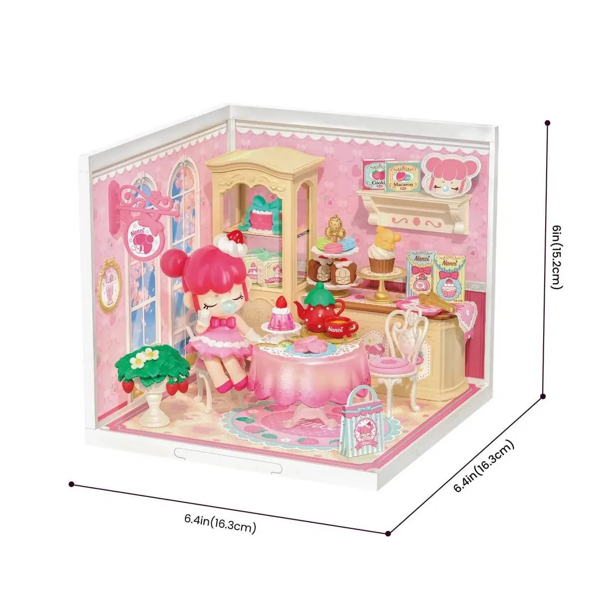 Rolife Nanci Strawberry Teatime DWL07 dimensions measuring 16.3 by 16.3 by 15.2 cm