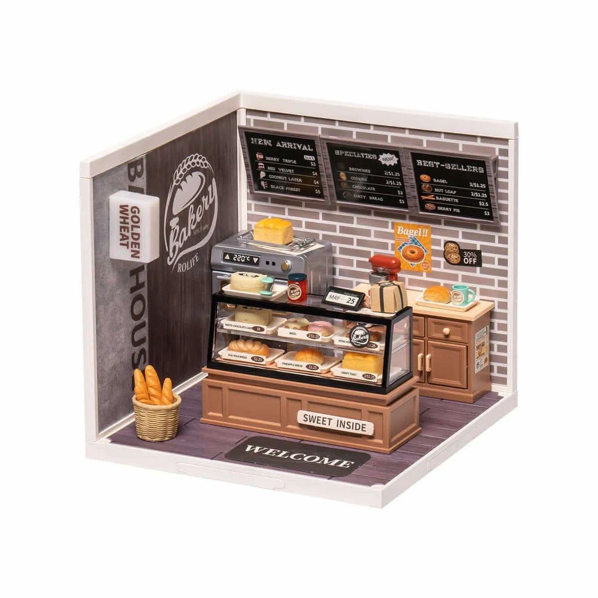 Build the Super Creator Golden Wheat Bakery DIY Miniature House Kit with LED lights. Perfect for craft enthusiasts and decor lovers.