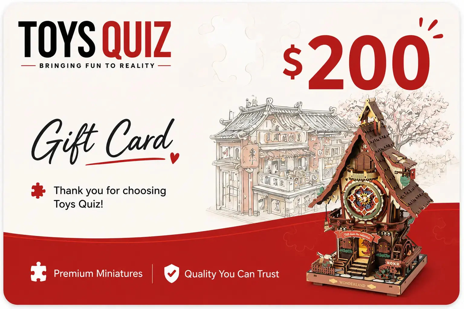 Toys Quiz $200 Digitální dárková karta pro 3D dřevěné puzzle a DIY miniaturní kity