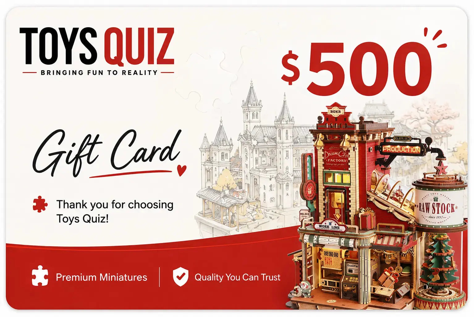 Toys Quiz $500 Digitální dárková karta pro 3D dřevěné puzzle a DIY miniaturní kity