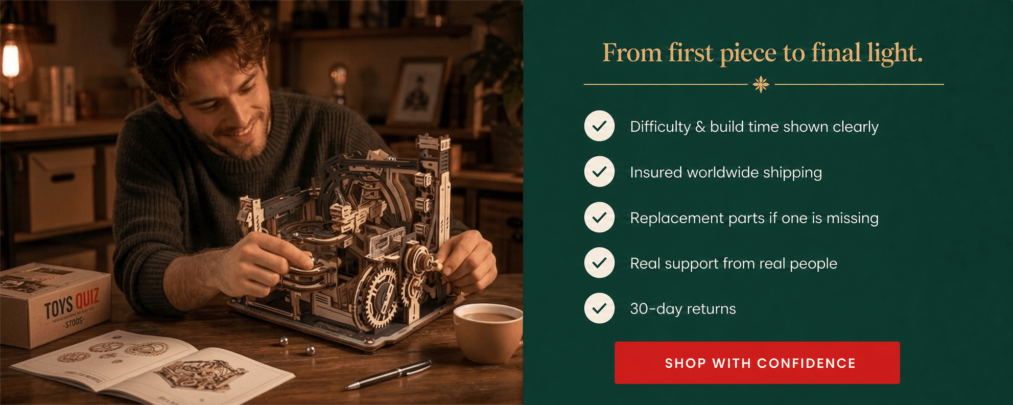 Customer building a wooden mechanical model beside Toys Quiz shipping, replacement parts, support and returns benefits.