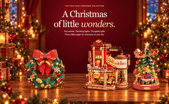 Toys Quiz Christmas Collection – A Christmas of Little Wonders featuring festive DIY wooden models, a Christmas wreath and miniature Christmas scenes.