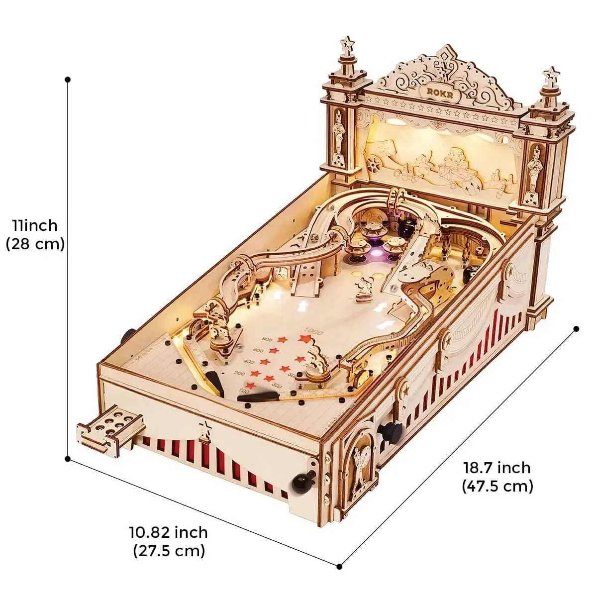 ROKR EG01 wooden pinball machine dimensions showing 27.5 cm width, 47.5 cm length and 28 cm height