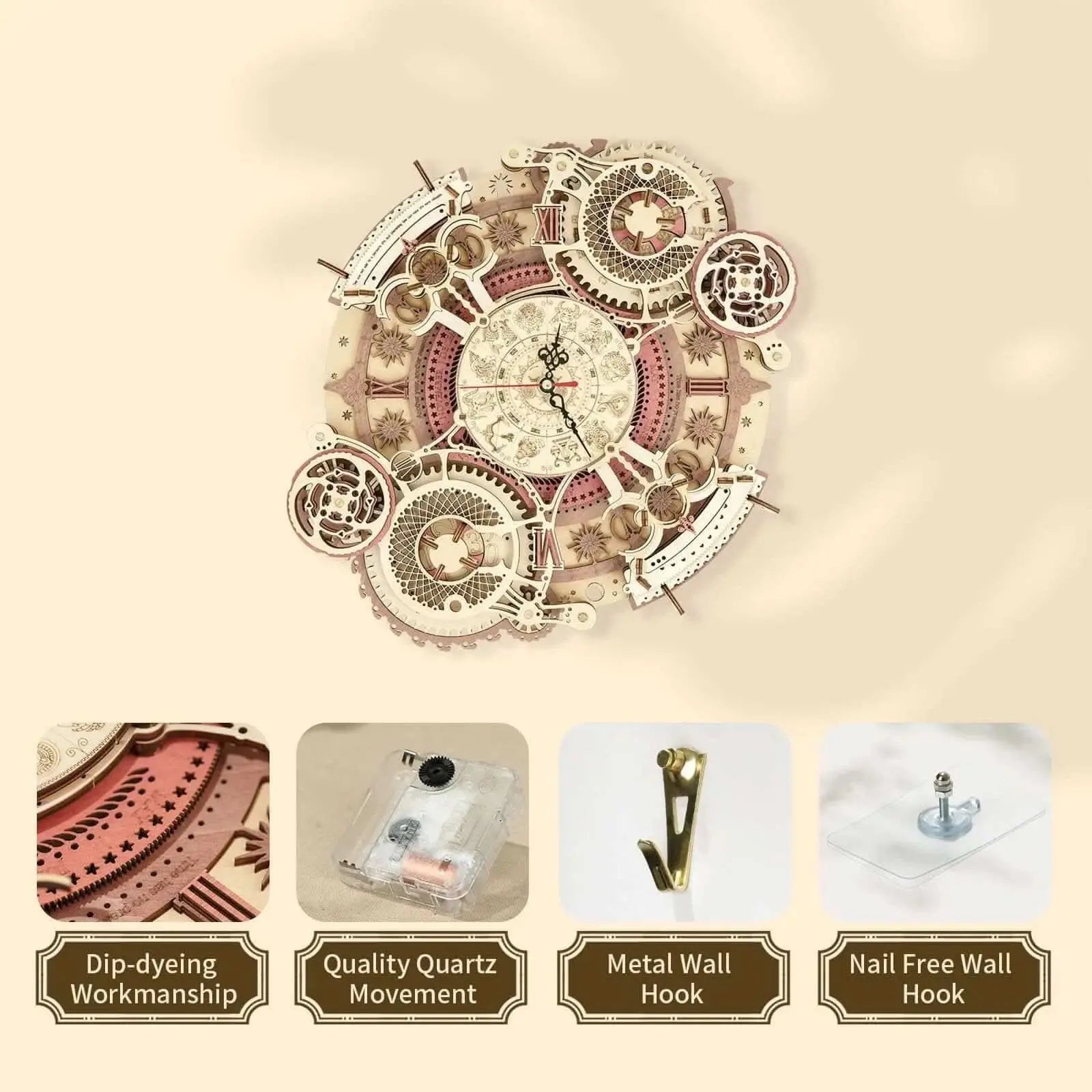 3D Wooden Puzzle of a mechanical zodiac clock with precision gears - Toys Quiz