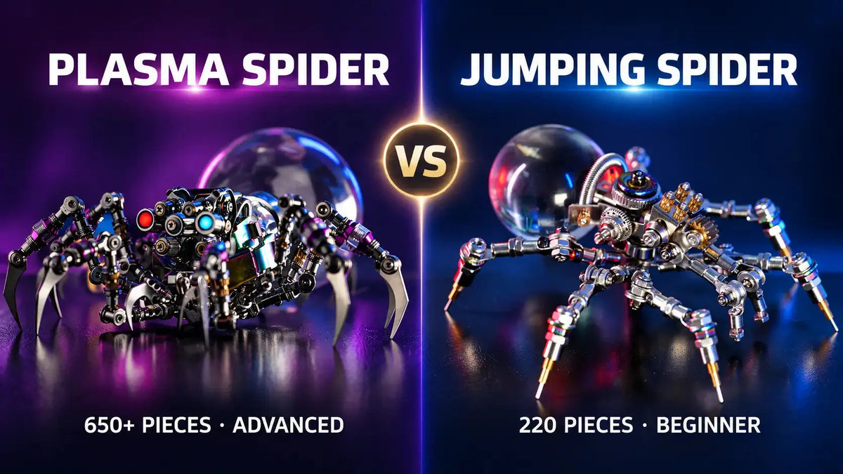 Side-by-side comparison of the Plasma Spider (650+ pieces, advanced) and Jumping Spider (220 pieces, beginner) metal puzzle kits.