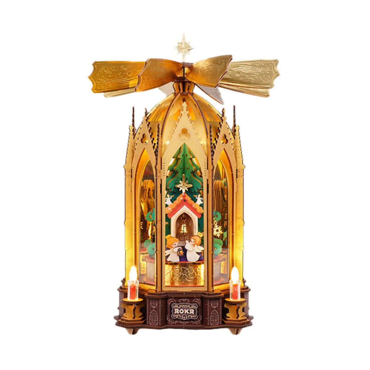 Assembled ROKR Angel’s Christmas Pyramid AMB01 with golden rotor blades, wooden arches and illuminated angels on a white background