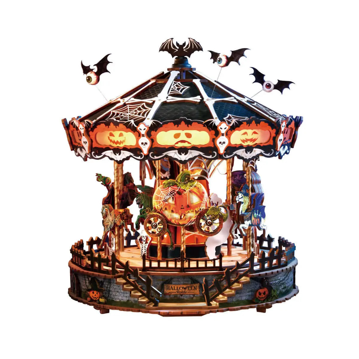 Completed Rolife Phantom Waltz AMS04 Halloween carousel music box with a pumpkin carriage and bat-topped canopy on a white background.
