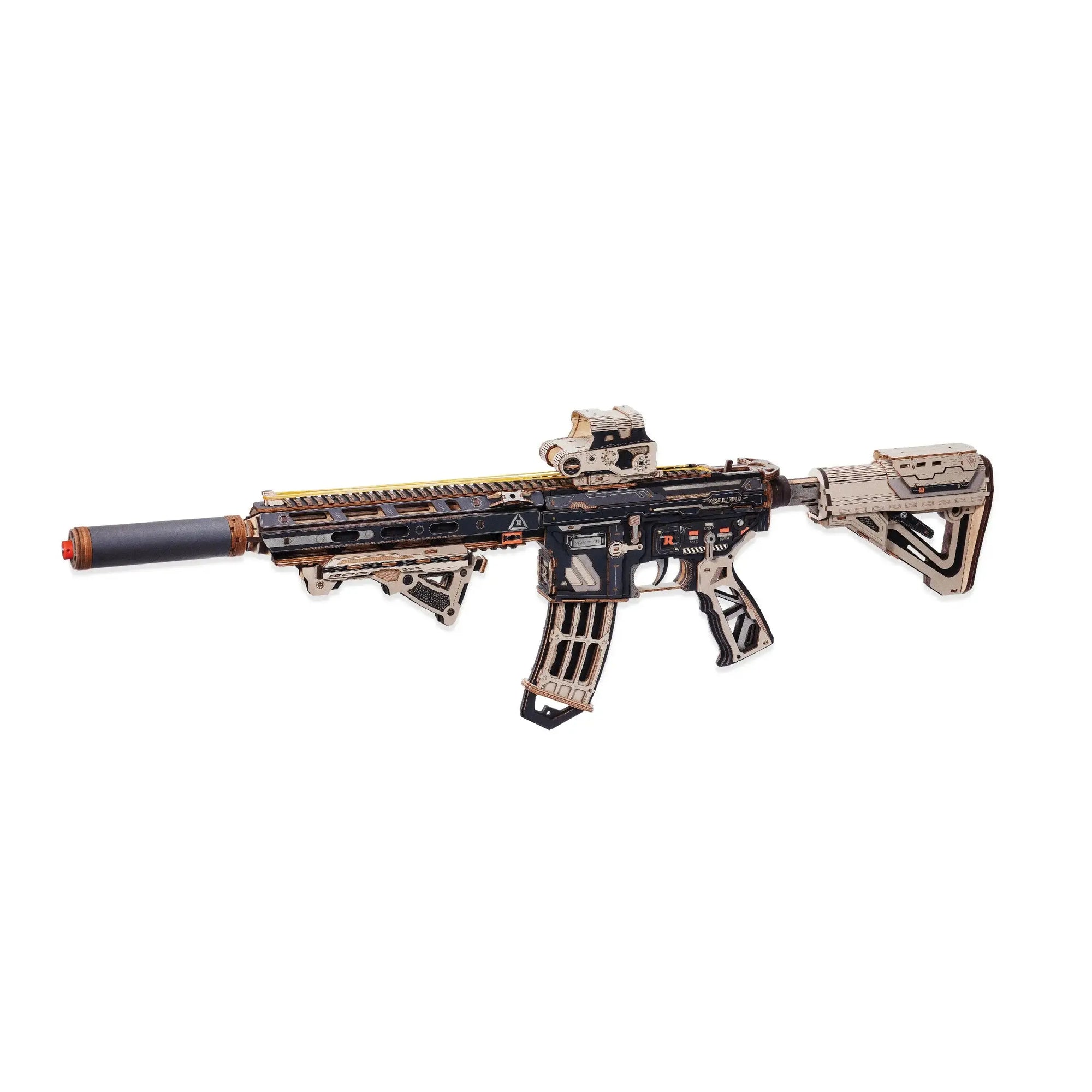 ROKR M416 Carbine LQB02 3D wooden puzzle assembled on a white background