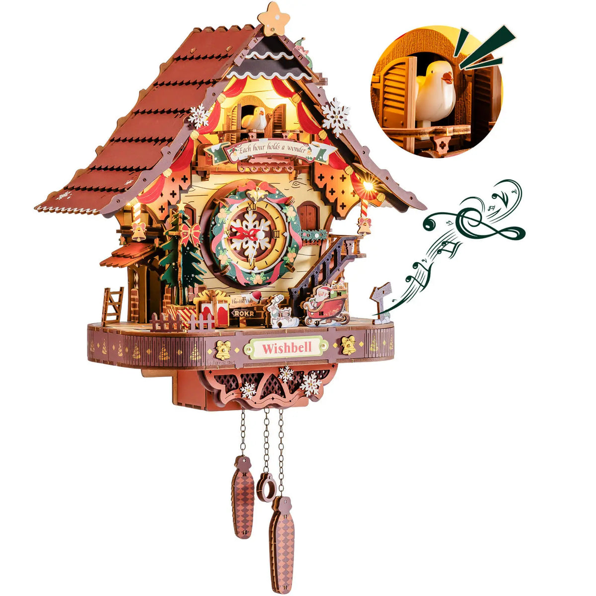 ROKR LCB01 Christmas cuckoo clock with hanging chains and an inset close-up of the cuckoo bird