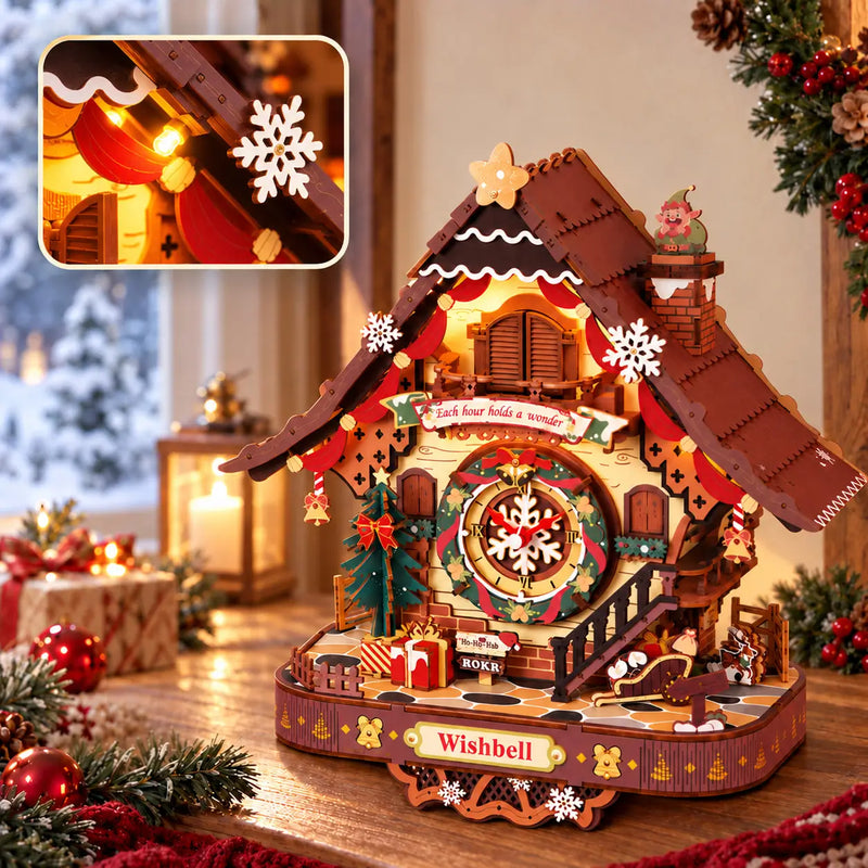 ROKR LCB01 Christmas cuckoo clock in a festive room, with an inset showing the warm roof lights and white snowflake decoration.
