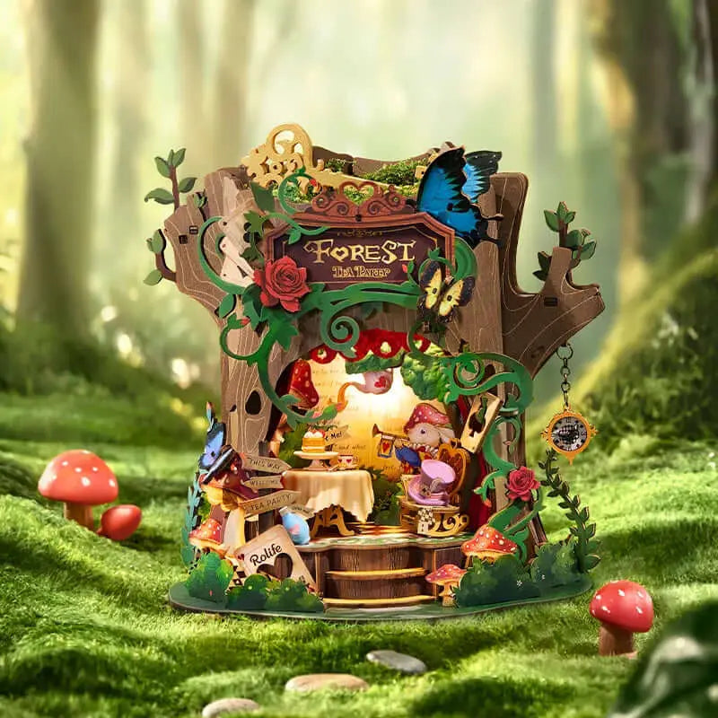 Rolife Forest Tea Party DIY music box glowing among moss and red mushrooms in a forest setting.