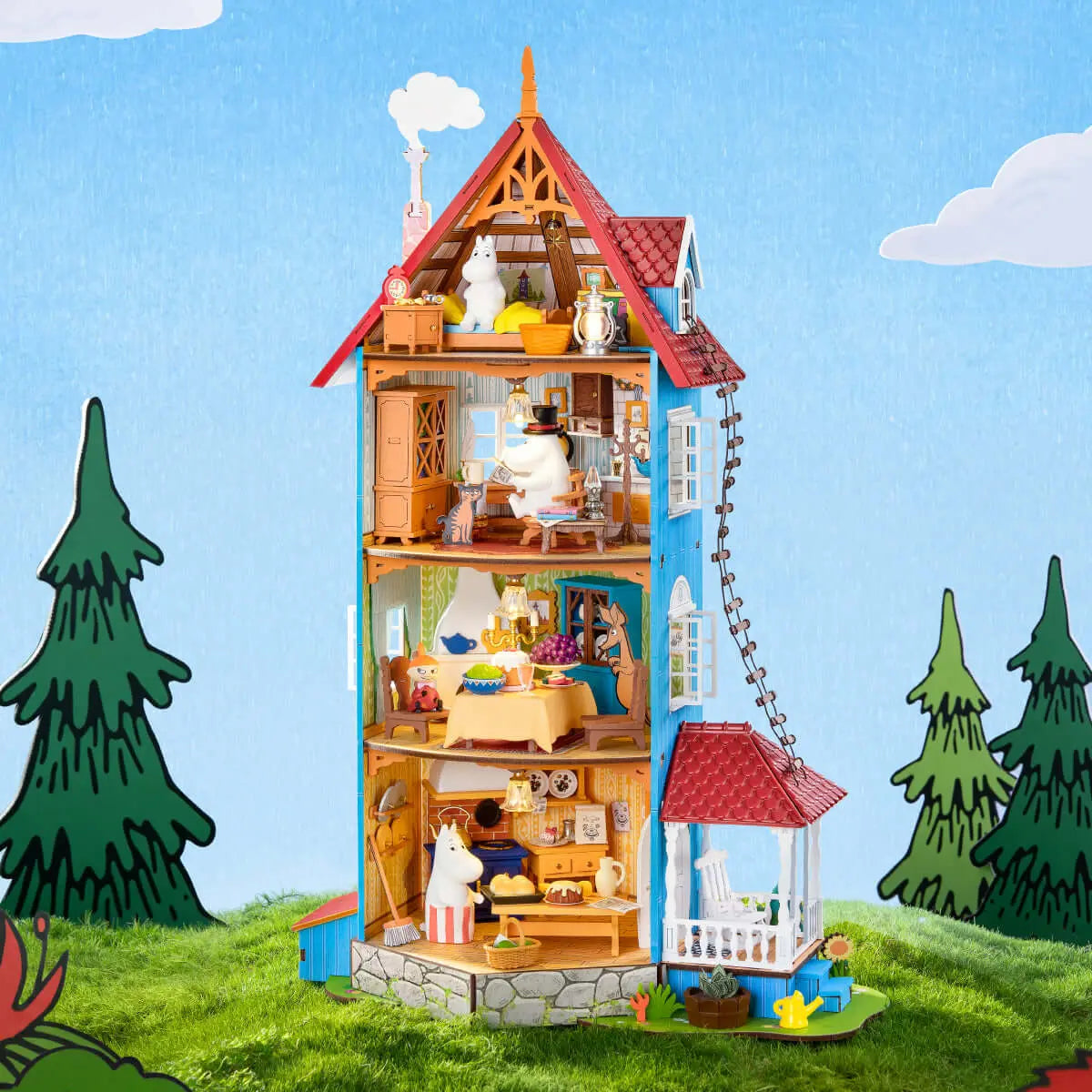 Open Rolife Moominhouse miniature showing four furnished floors and Moomin characters in a woodland scene