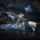 M416 Carbine wooden puzzle displayed on a workbench beside its package