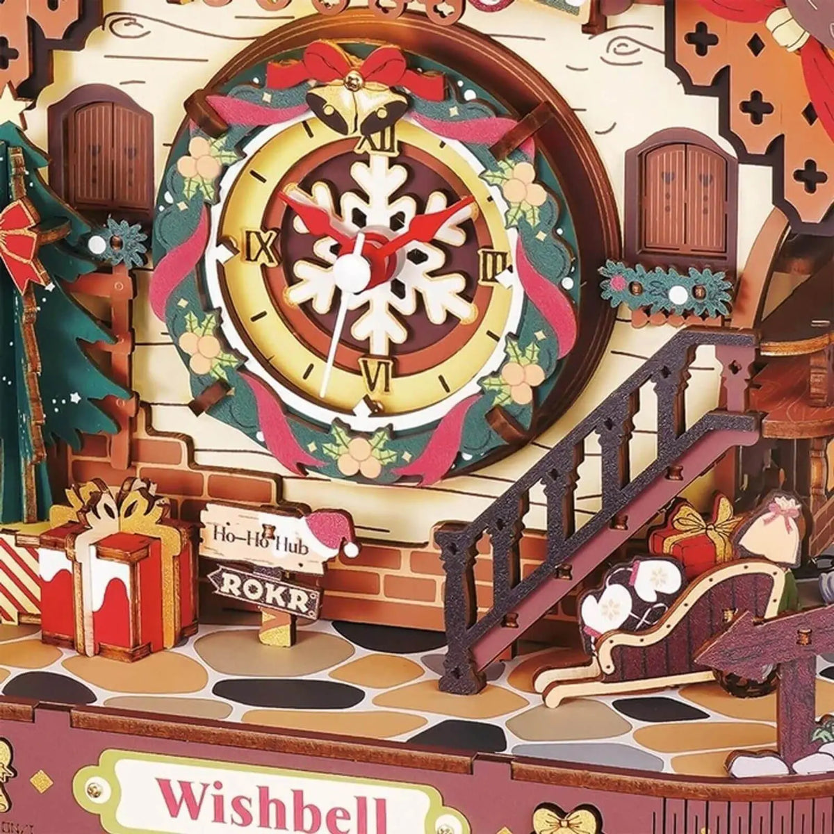 Close-up of the Christmas wreath dial, snowflake clock face, gifts and Santa sleigh on ROKR LCB01