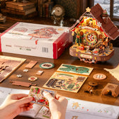 Hands assembling ROKR LCB01 wooden puzzle parts beside illustrated instructions, the kit box and completed clock