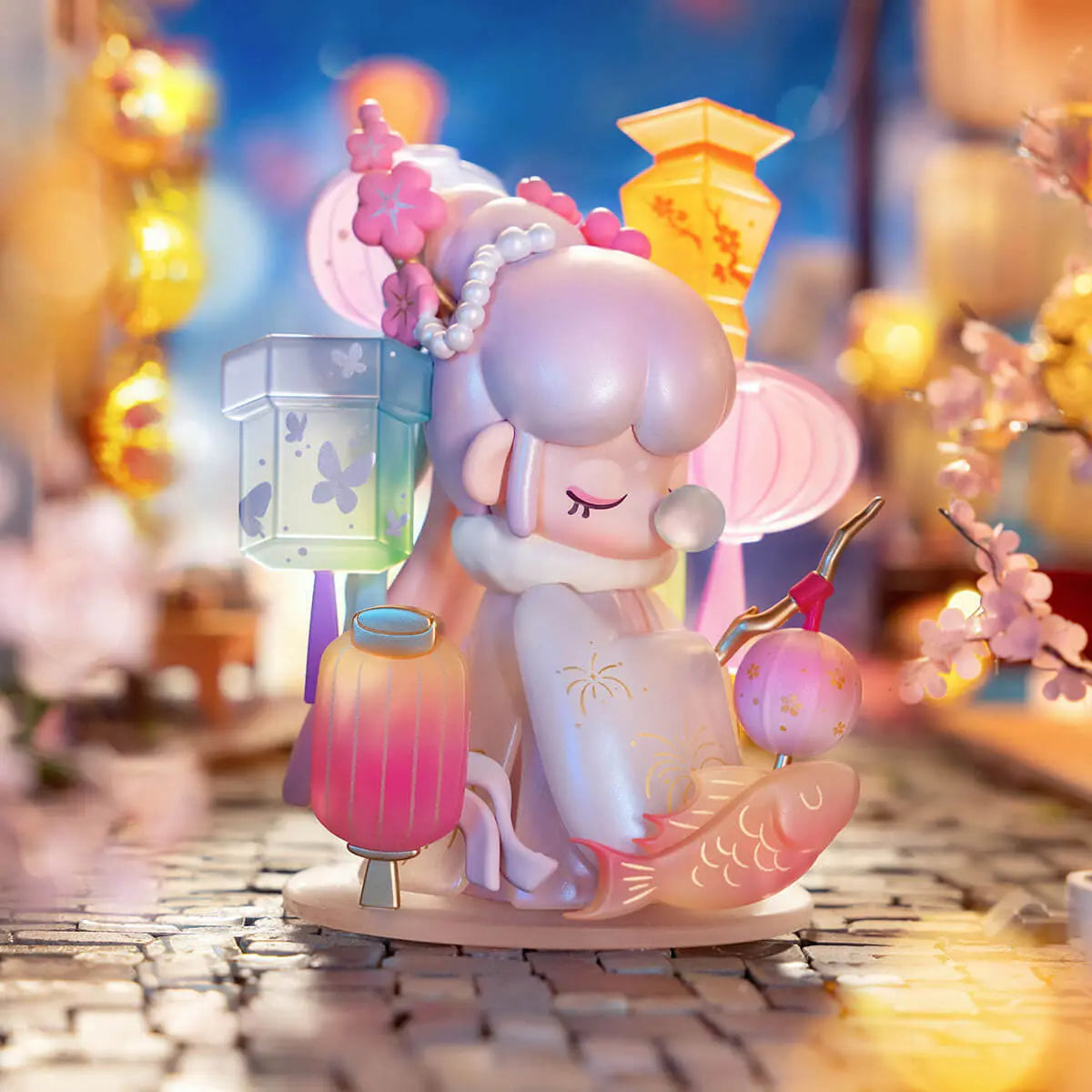 Lantern Festival skrytá postava zobrazená v zářící pouliční scéně