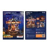 Front and back of the Rolife Phantom Waltz AMS04 kit box showing the Halloween carousel and product features.